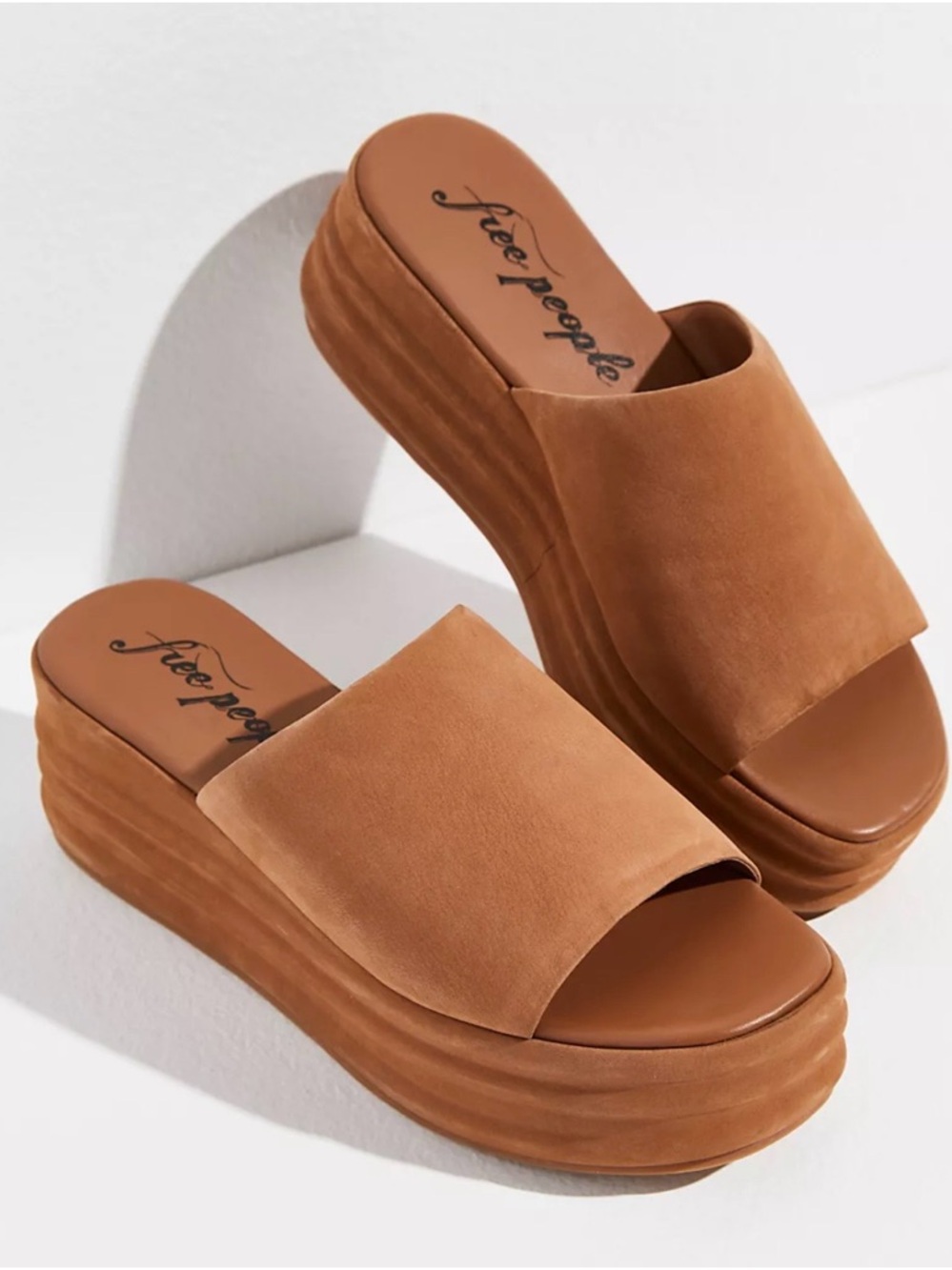 Free People Cognac Suede Platform Slide Sandals